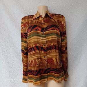Maggy London Brown and Orange Long Sleeve Button Down Shirt Size 6 Bluses